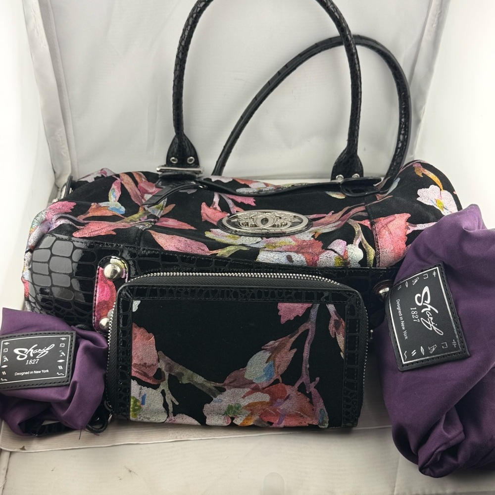 Sharif Black and Pink Floral Satchel with Wallet